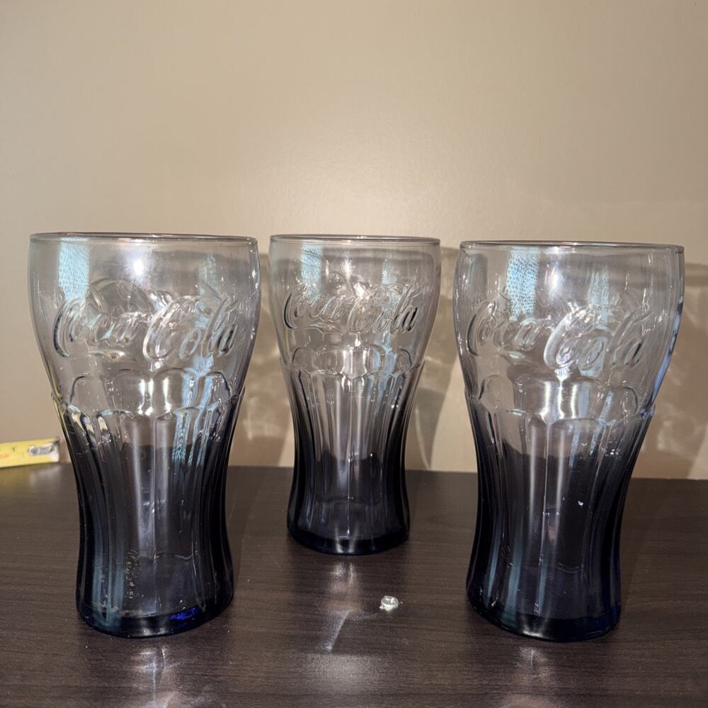 VINTAGE RARE & UNIQUE EMBOSSED CLEAR PURPLE GLASS COCA COLA COOL 3 Piece Set